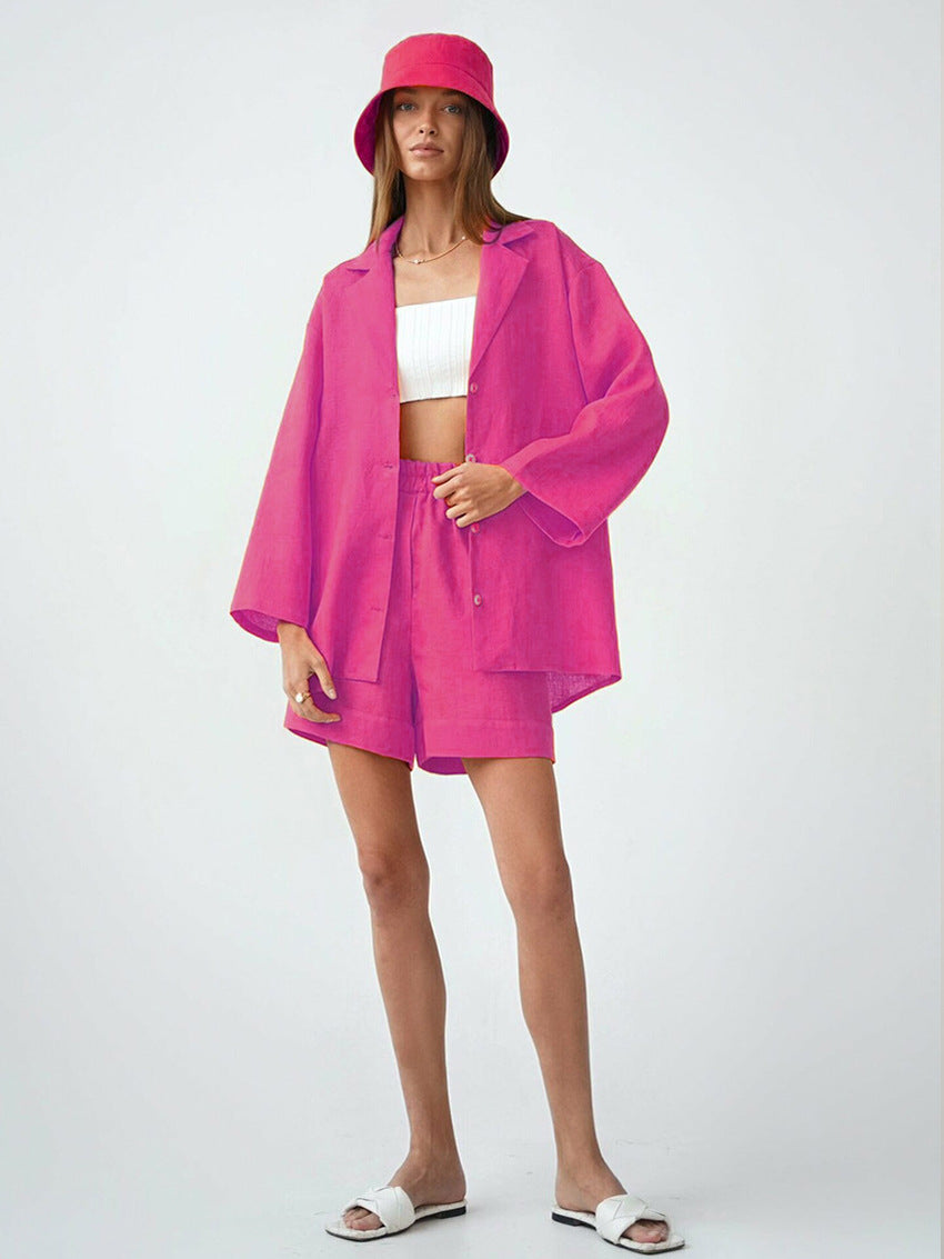 Cotton shorts suit women's lapel loose single-breasted Shirt high waist straight pants two-piece set