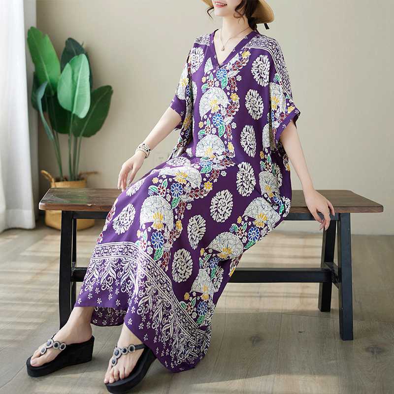 Retro Printed V-Neck Short Sleeve Maxi Dress