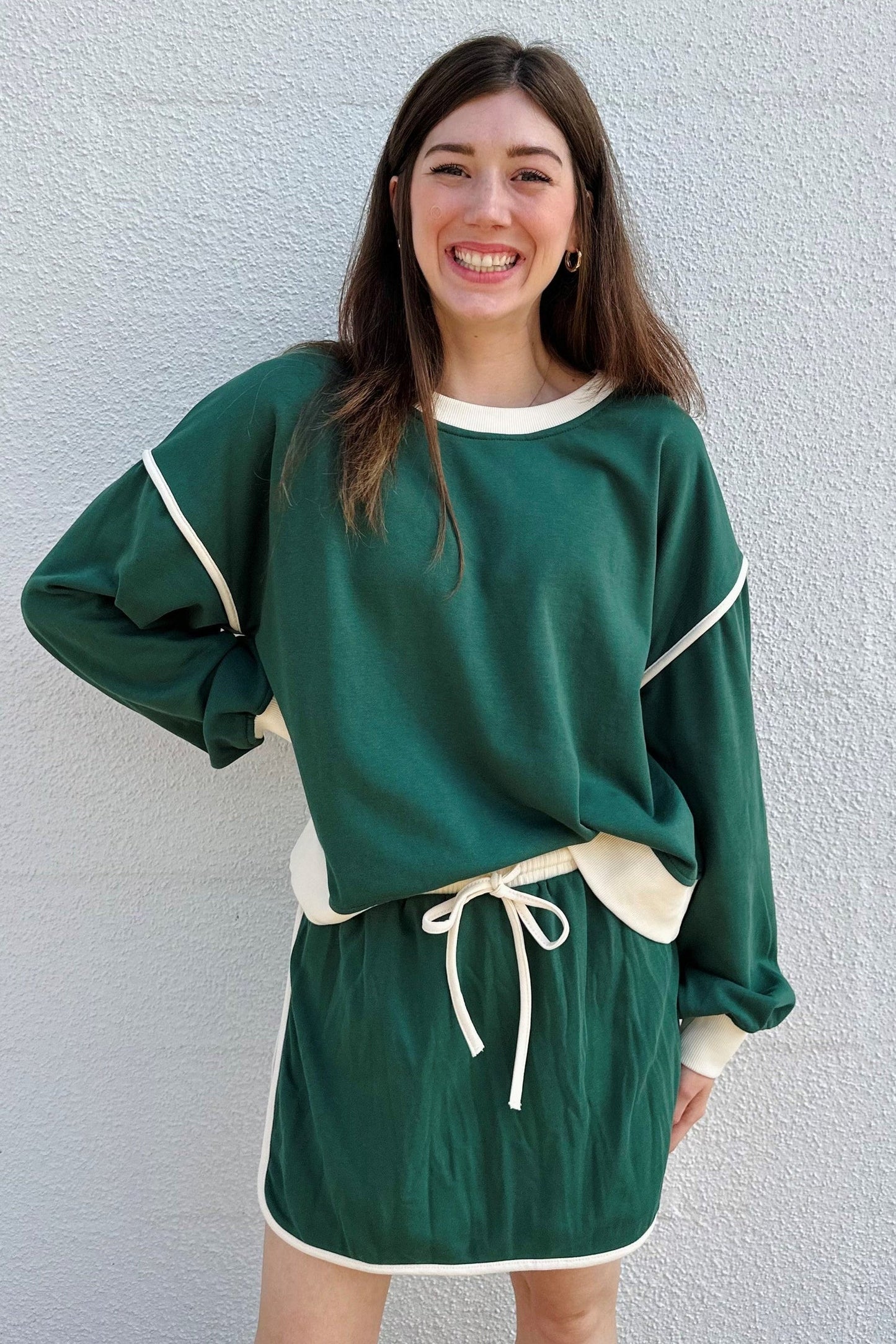 Contrast Loose Fit Sweater And Tie Waist Skirt Set (Buy 2 Free Shipping)