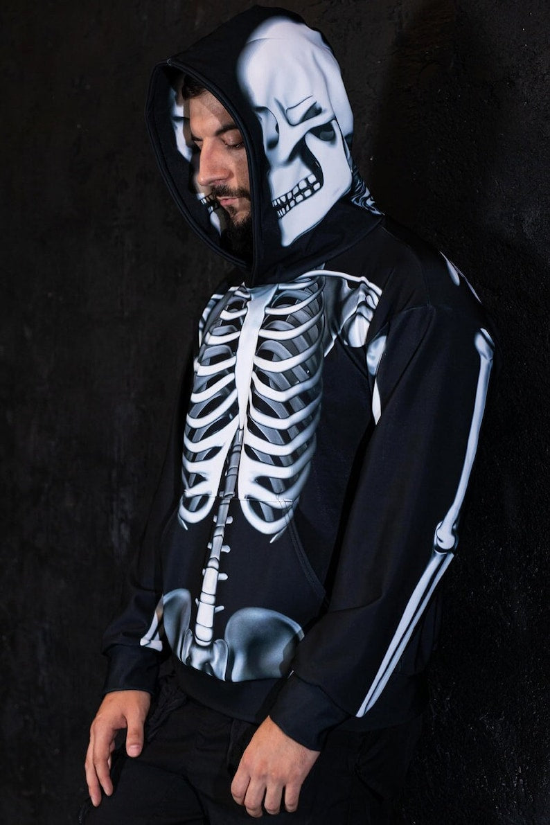 Skeleton Hoodie, Halloween hoodie with bones, goth hoodie with skull, streetwear oversized hoodie for men, Halloween couple costume