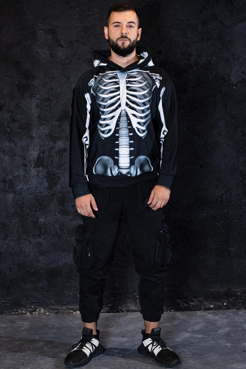 Skeleton Hoodie, Halloween hoodie with bones, goth hoodie with skull, streetwear oversized hoodie for men, Halloween couple costume