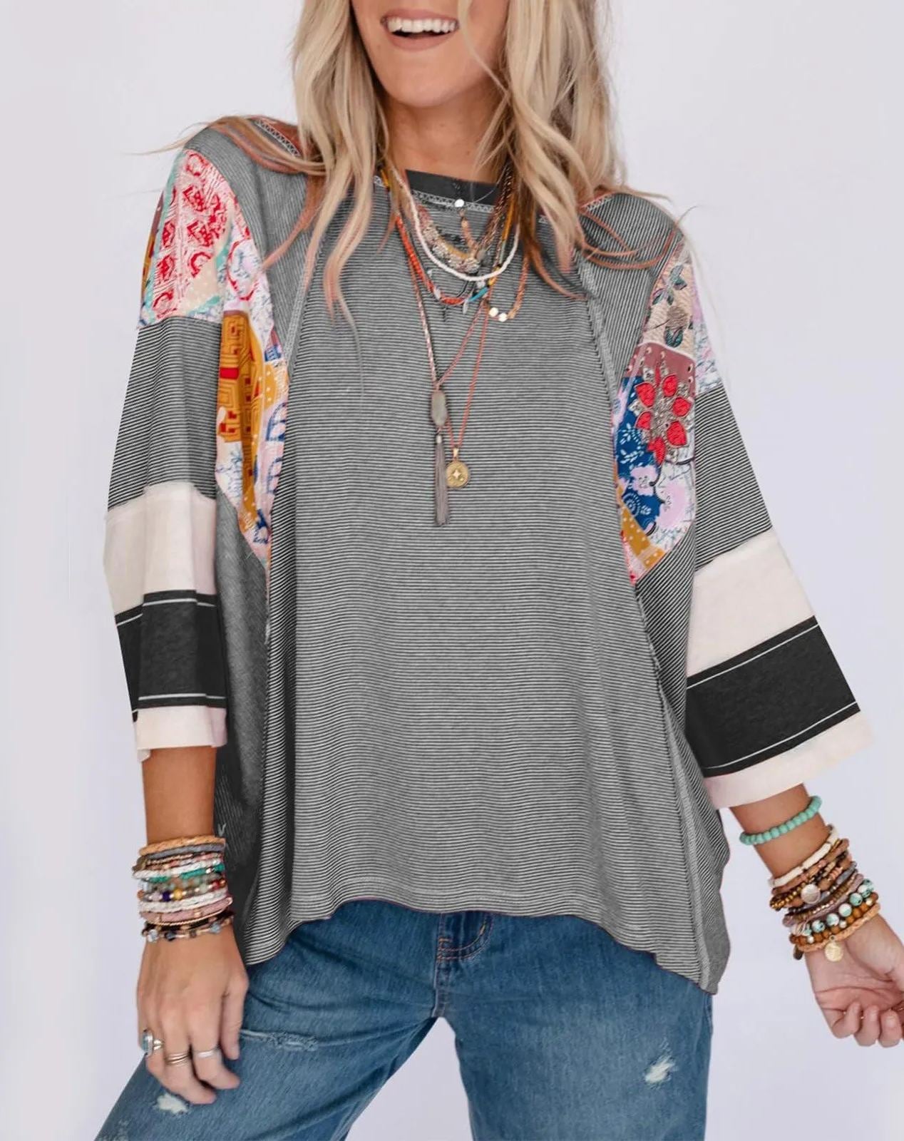 [Copy]Striped and Floral Patchwork Oversized Top (Buy 2 Free Shipping)