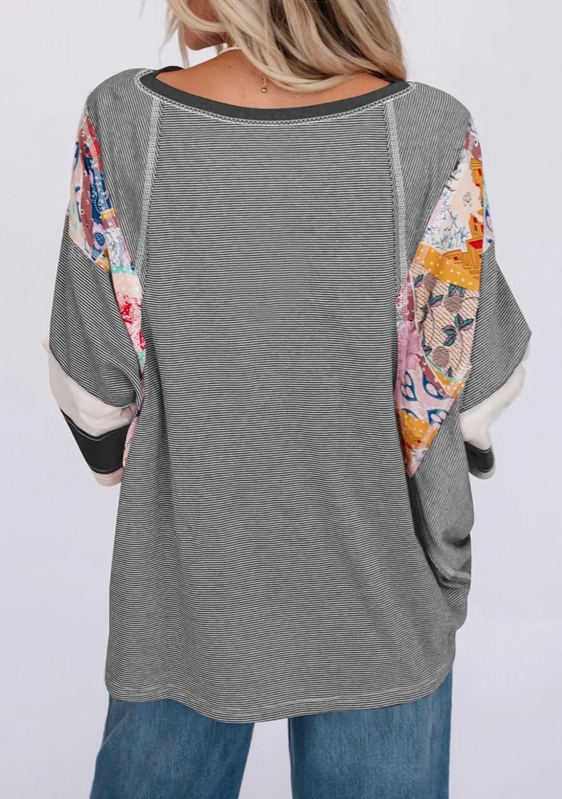 [Copy]Striped and Floral Patchwork Oversized Top (Buy 2 Free Shipping)
