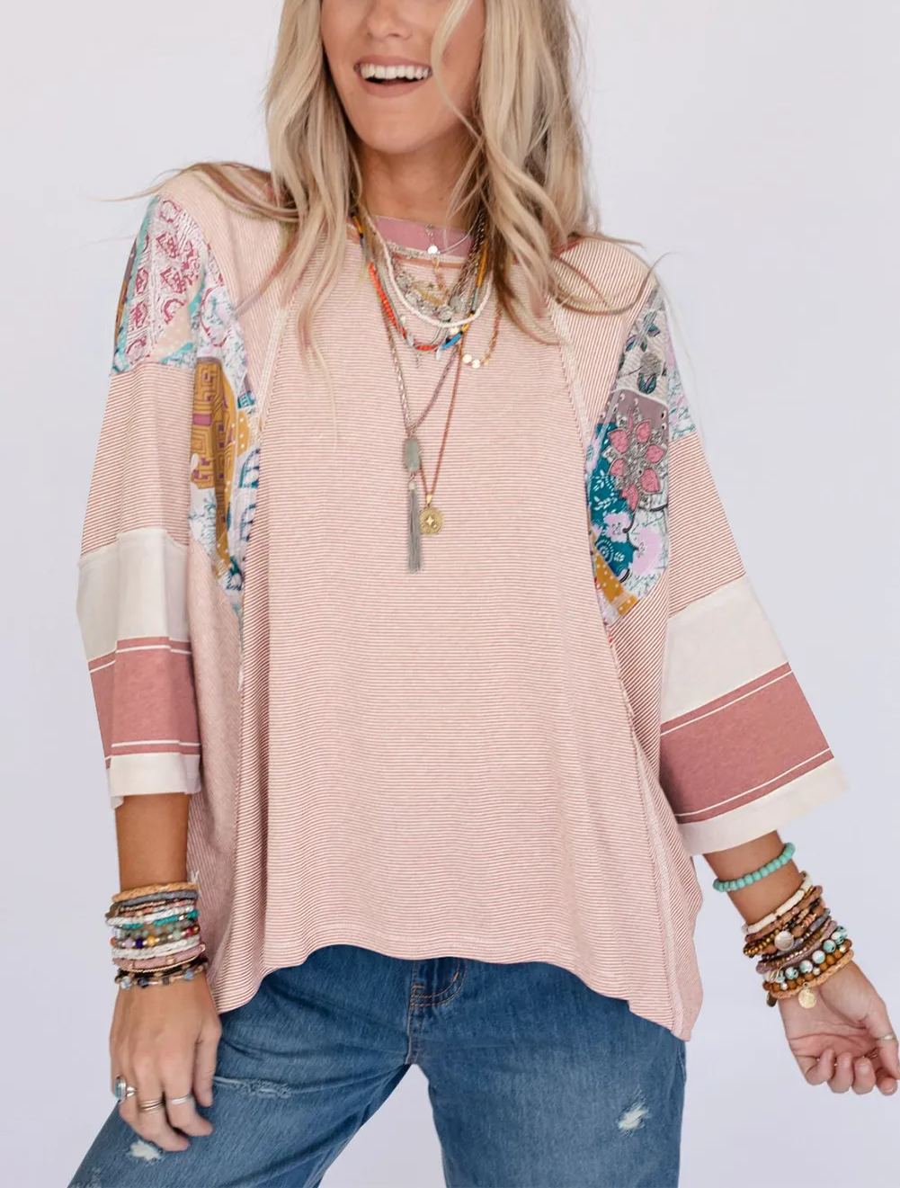 [Copy]Striped and Floral Patchwork Oversized Top (Buy 2 Free Shipping)