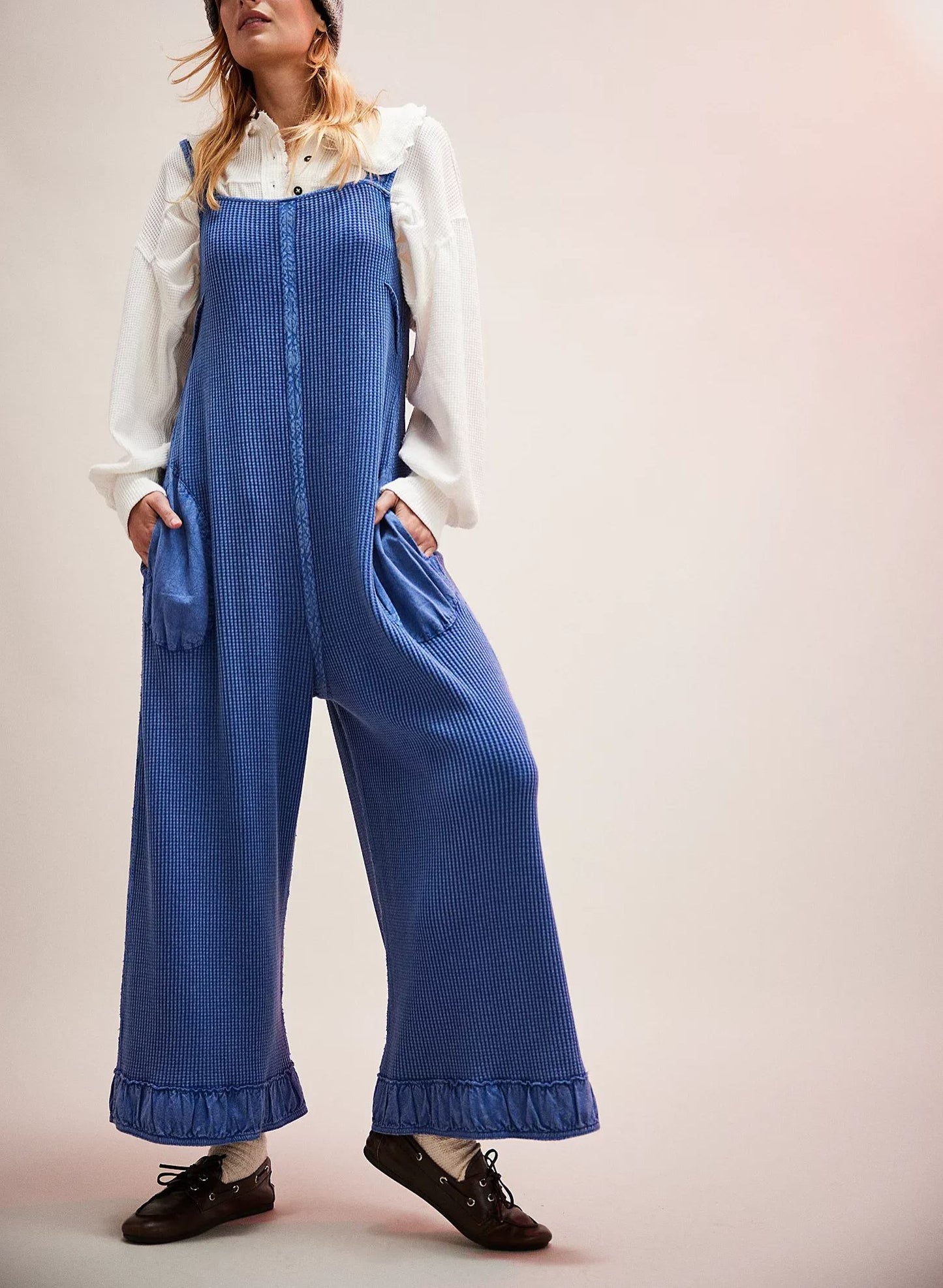 Women's Solid Lace-Up Pocket Textured Overalls