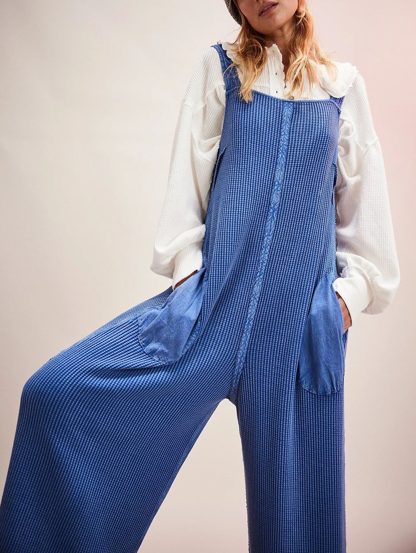 Women's Solid Lace-Up Pocket Textured Overalls