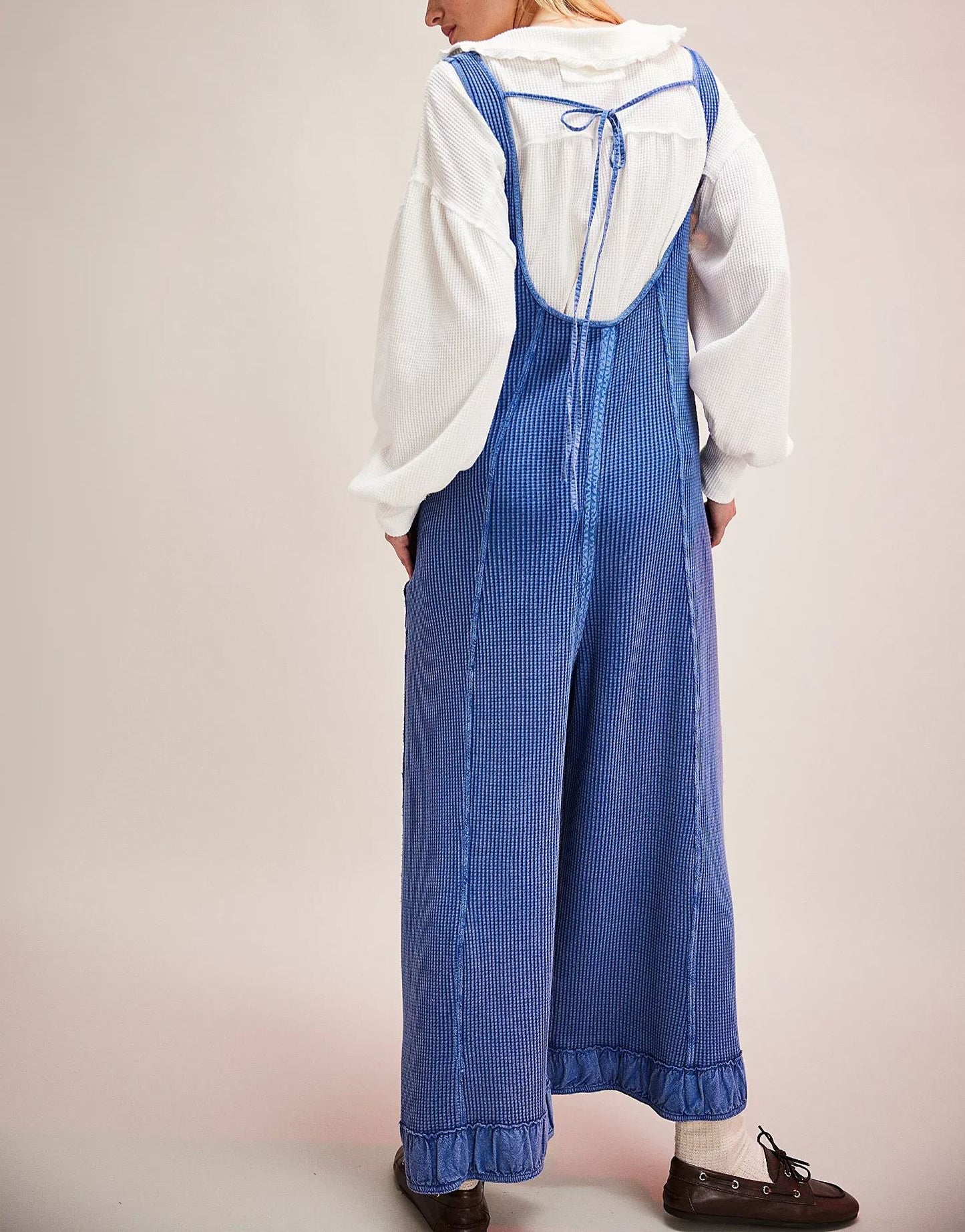 Women's Solid Lace-Up Pocket Textured Overalls