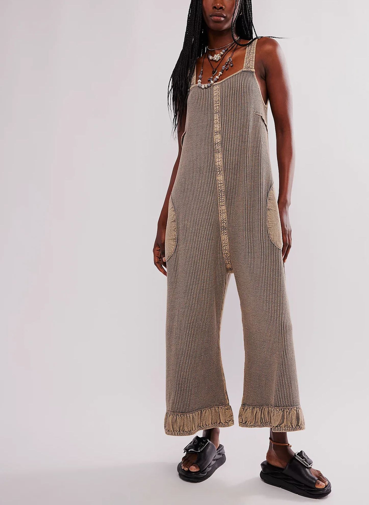 Women's Solid Lace-Up Pocket Textured Overalls