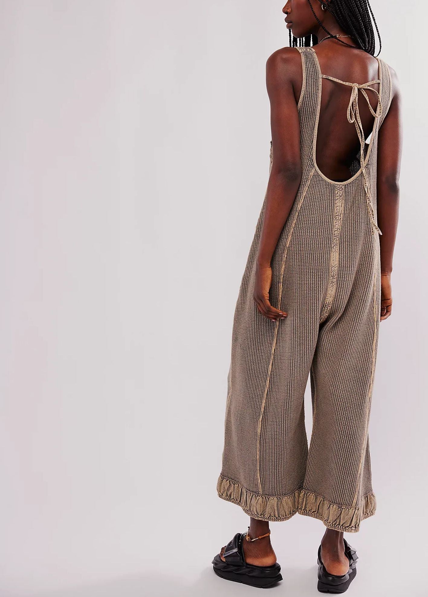 Women's Solid Lace-Up Pocket Textured Overalls