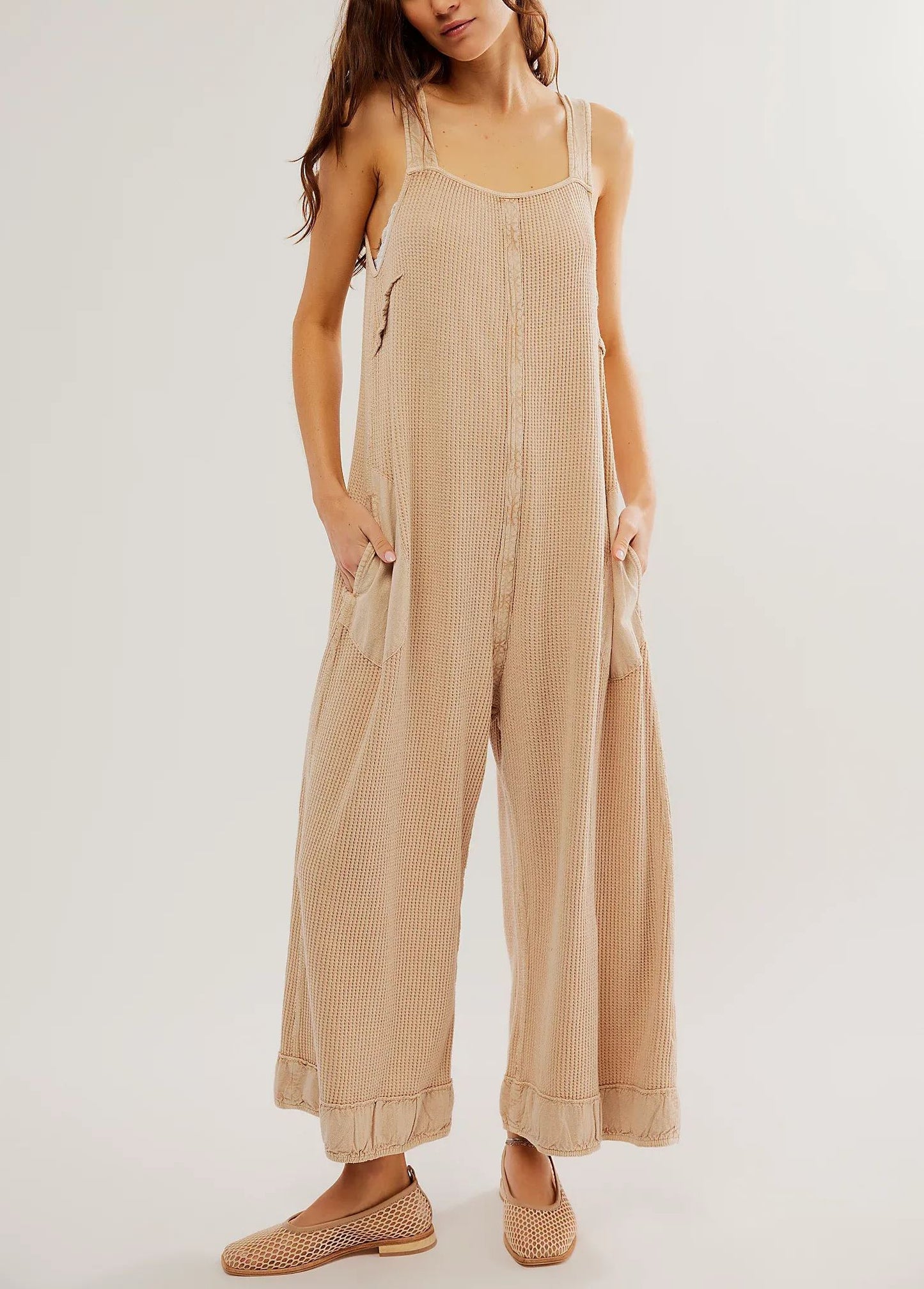 Women's Solid Lace-Up Pocket Textured Overalls