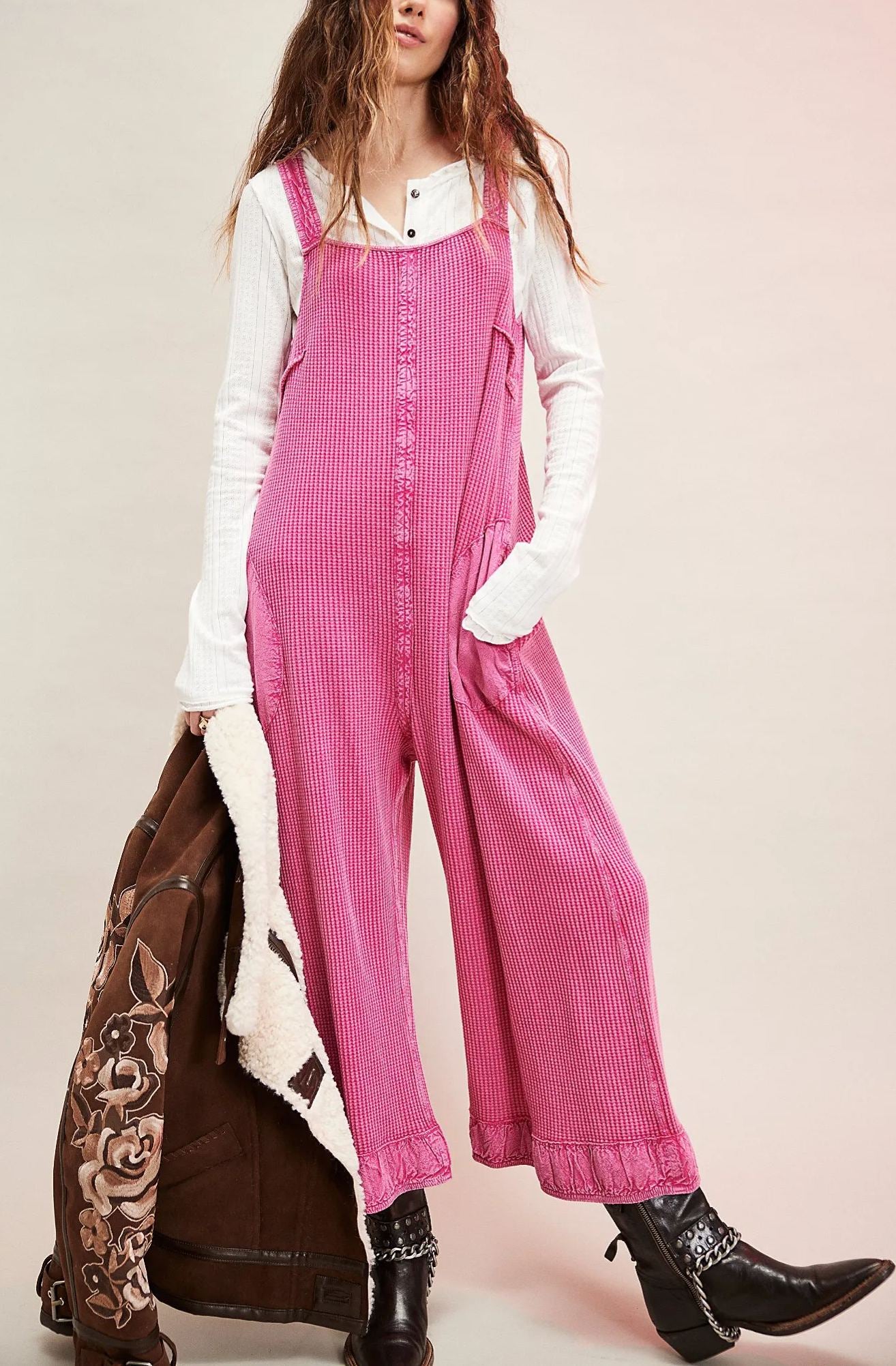 Women's Solid Lace-Up Pocket Textured Overalls