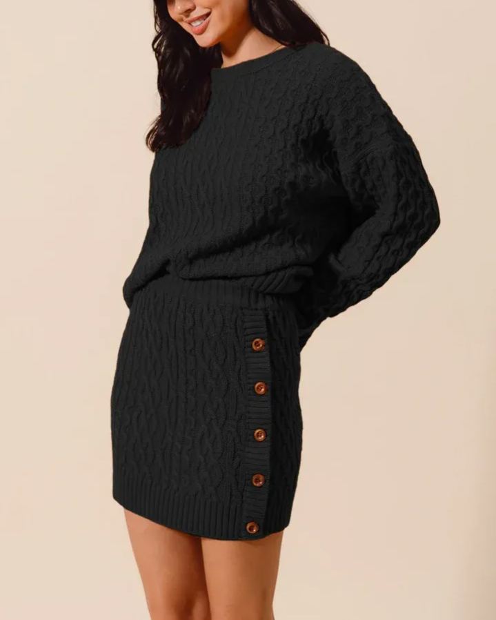Knit Sweater and Side Button Mini Skirt Set