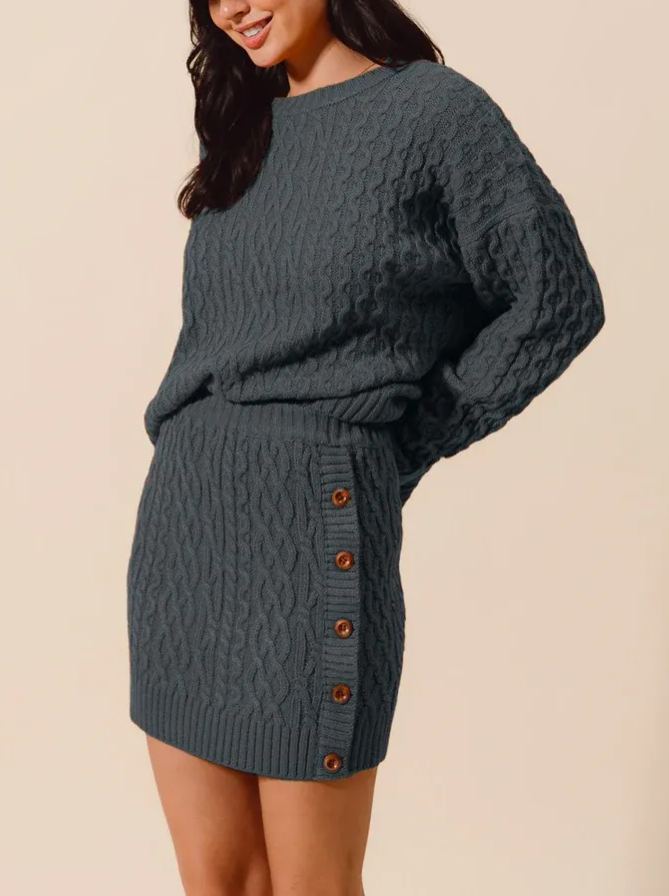 Knit Sweater and Side Button Mini Skirt Set