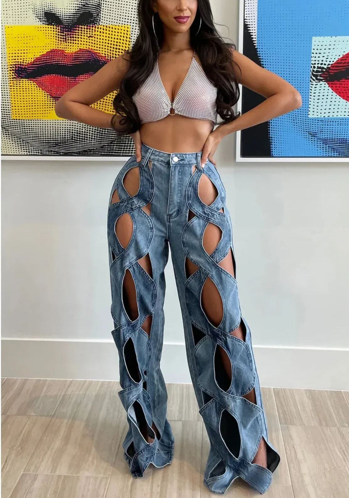 Women's Vintage Cut Hollow Open Front Criss Cross Straight Jeans 