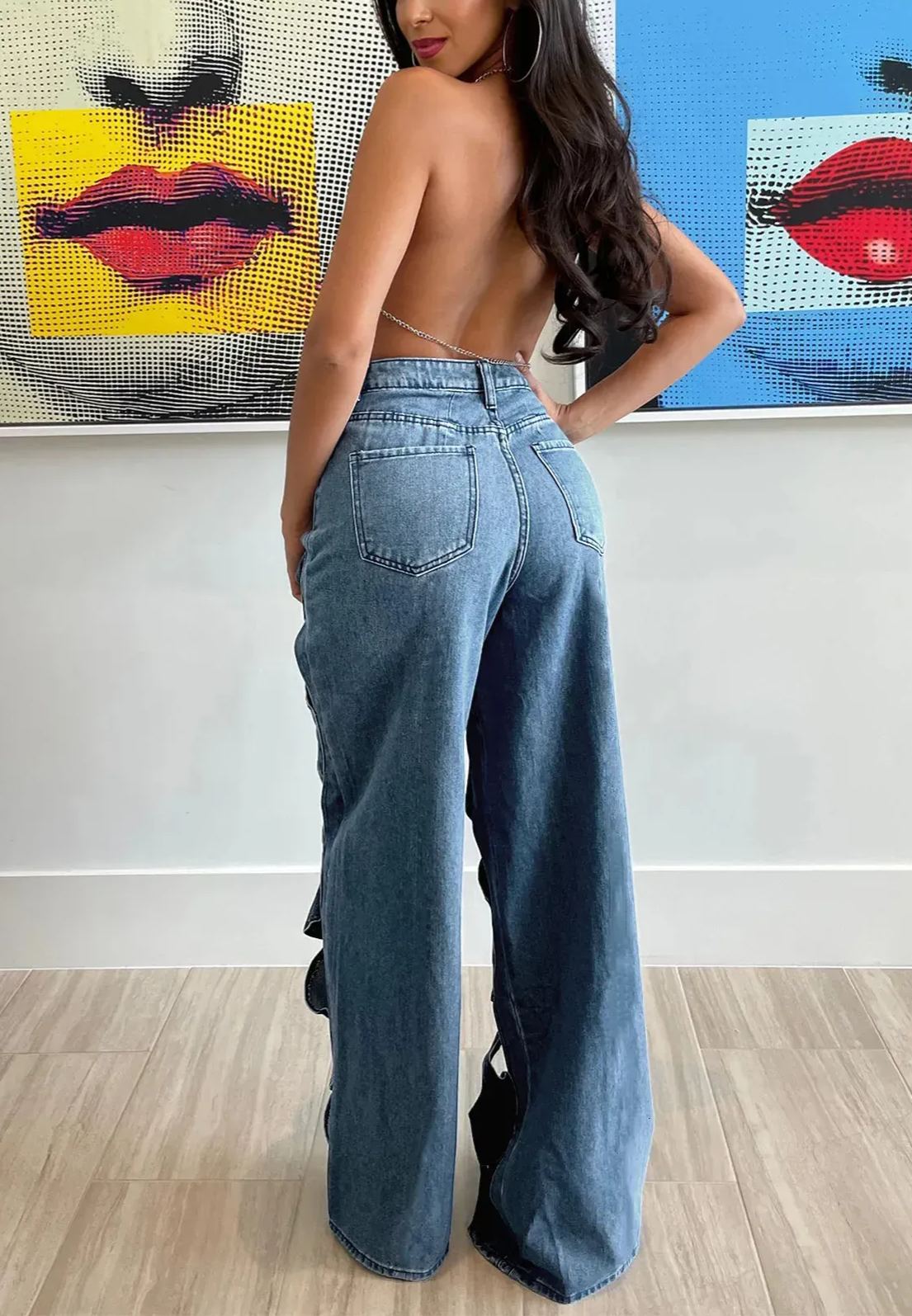 Women's Vintage Cut Hollow Open Front Criss Cross Straight Jeans 