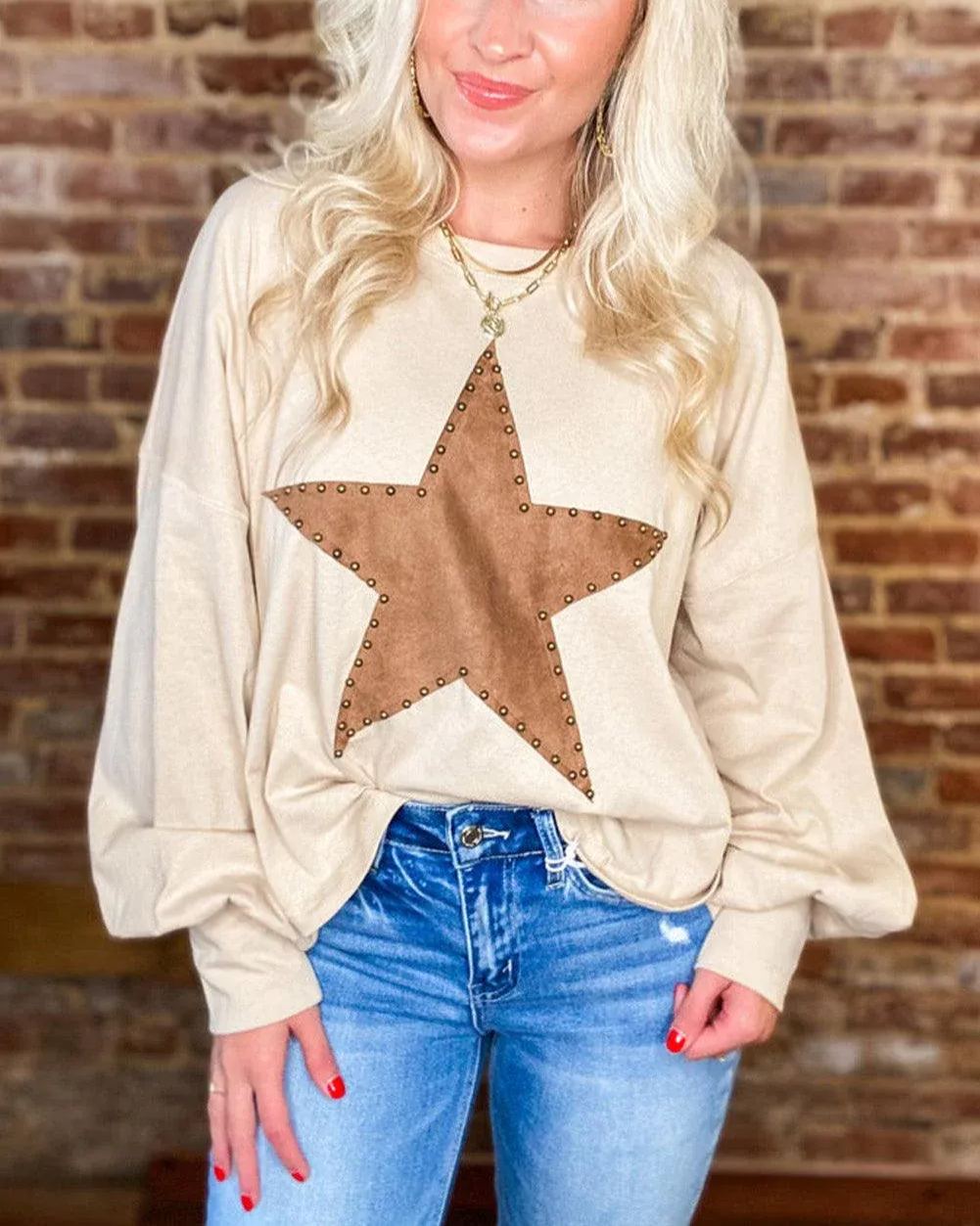 ✨Women's Studded Star Graphic Vintage Long Sleeve Tops  