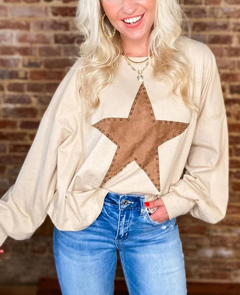 ✨Women's Studded Star Graphic Vintage Long Sleeve Tops  