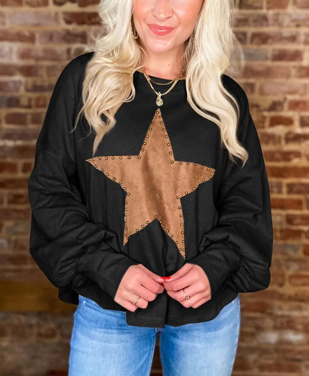 ✨Women's Studded Star Graphic Vintage Long Sleeve Tops  