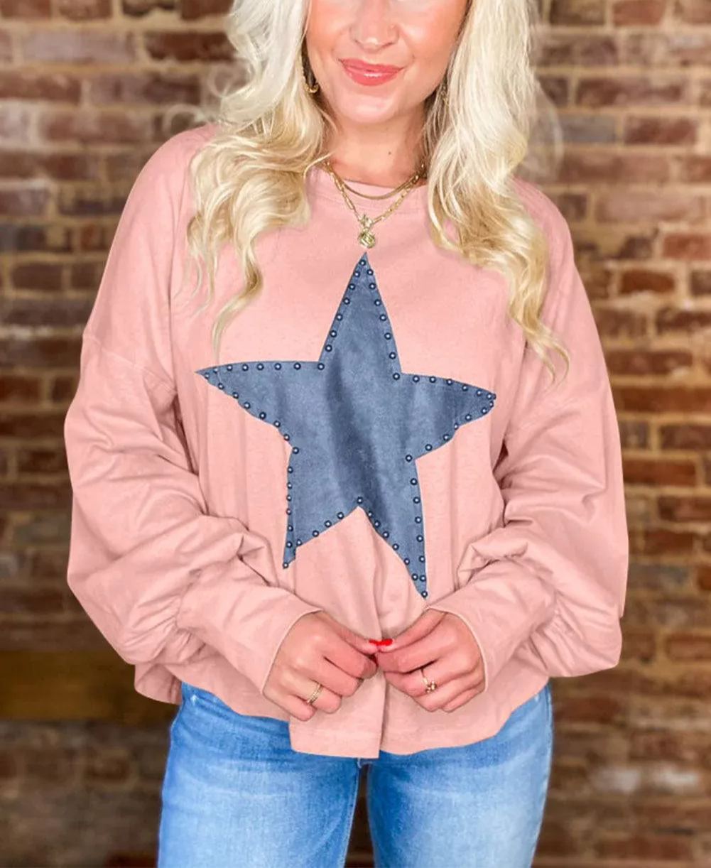 ✨Women's Studded Star Graphic Vintage Long Sleeve Tops  