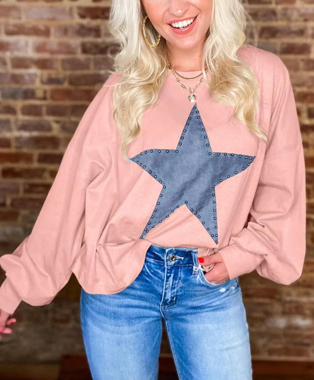 ✨Women's Studded Star Graphic Vintage Long Sleeve Tops  