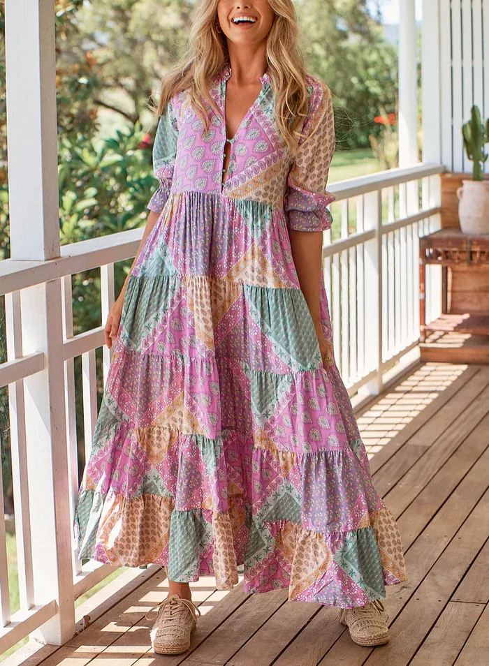 🔥2025 NEW SALES - 50% OFF🔥Color Block Print Dress with 3/4 Sleeves