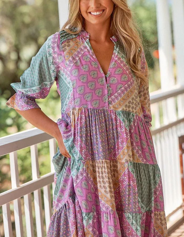 🔥2025 NEW SALES - 50% OFF🔥Color Block Print Dress with 3/4 Sleeves