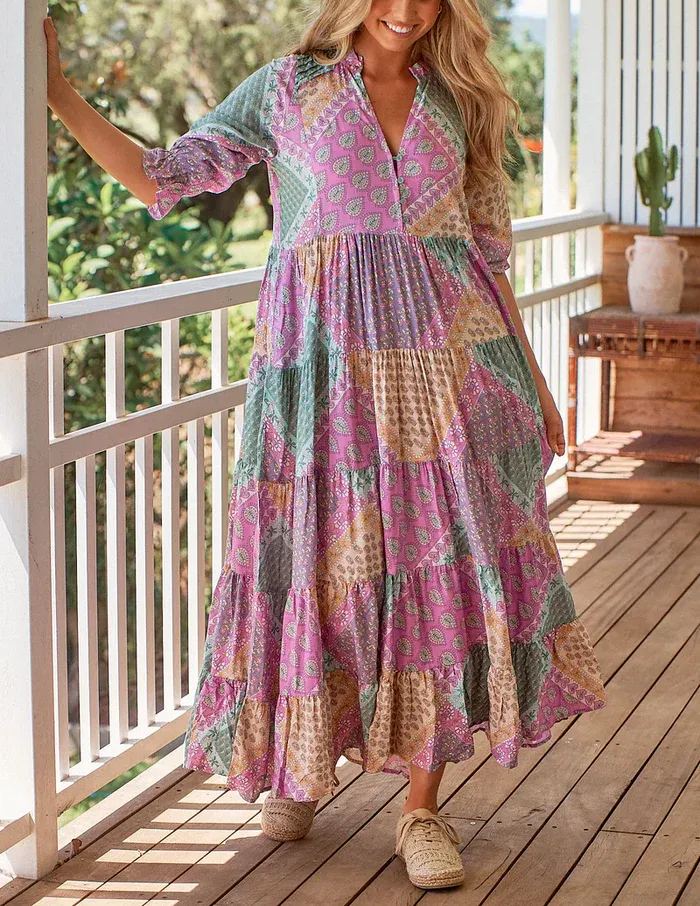 🔥2025 NEW SALES - 50% OFF🔥Color Block Print Dress with 3/4 Sleeves