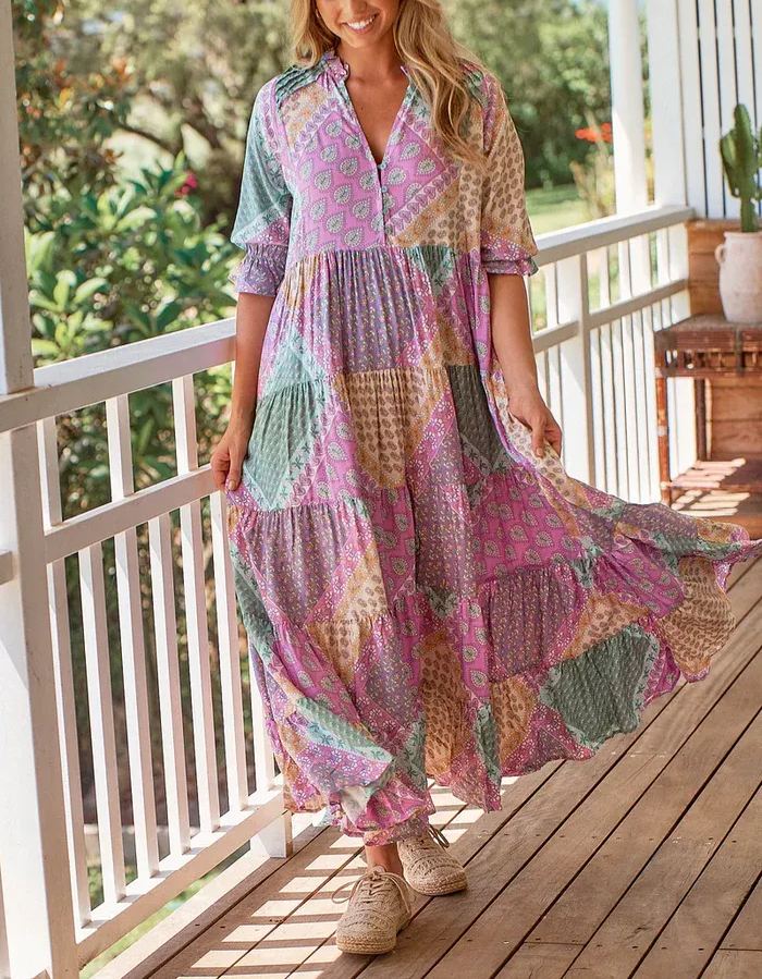 🔥2025 NEW SALES - 50% OFF🔥Color Block Print Dress with 3/4 Sleeves