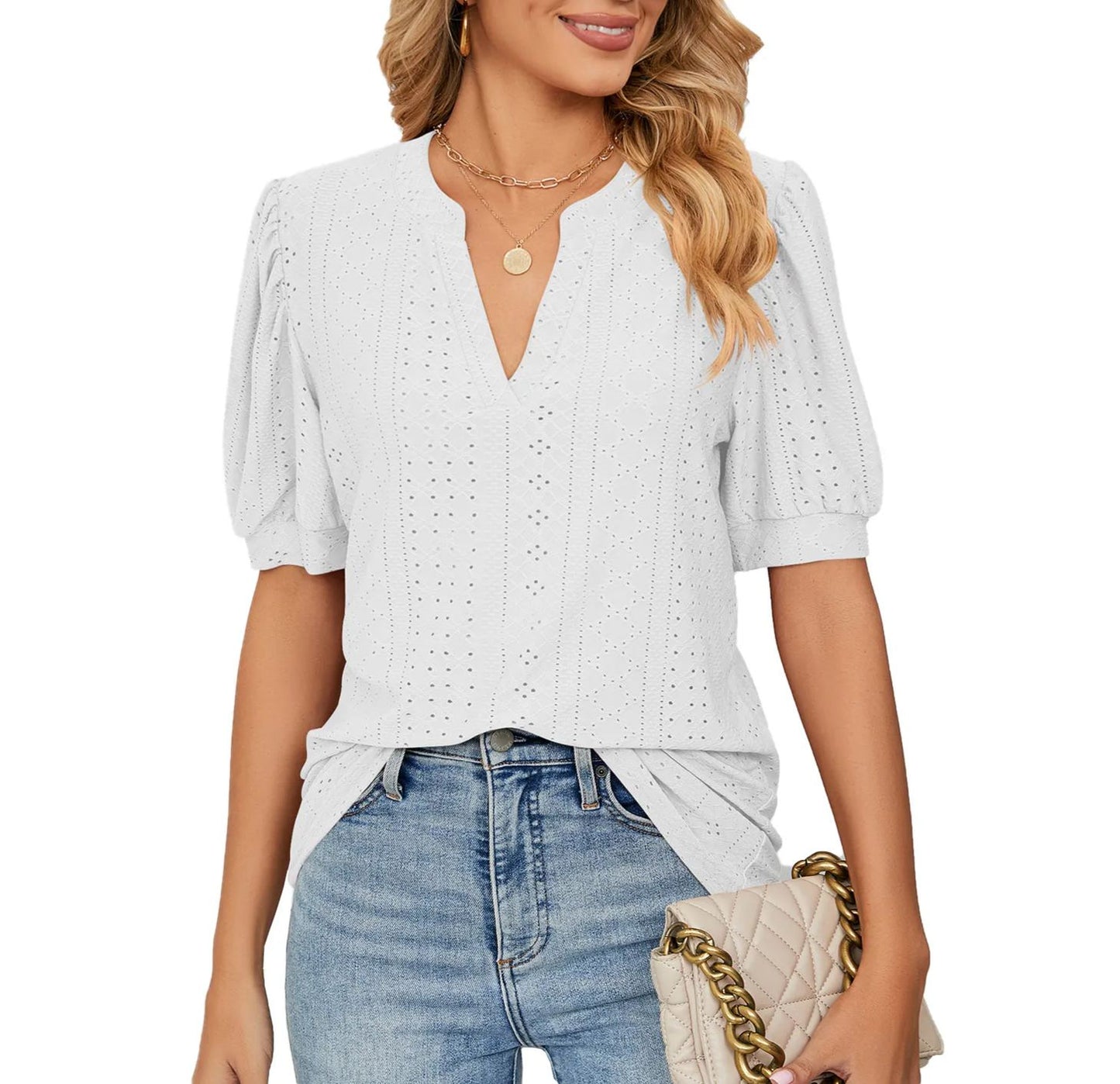 Women's Loose Solid Color Hollow Bubble Short Sleeve Top