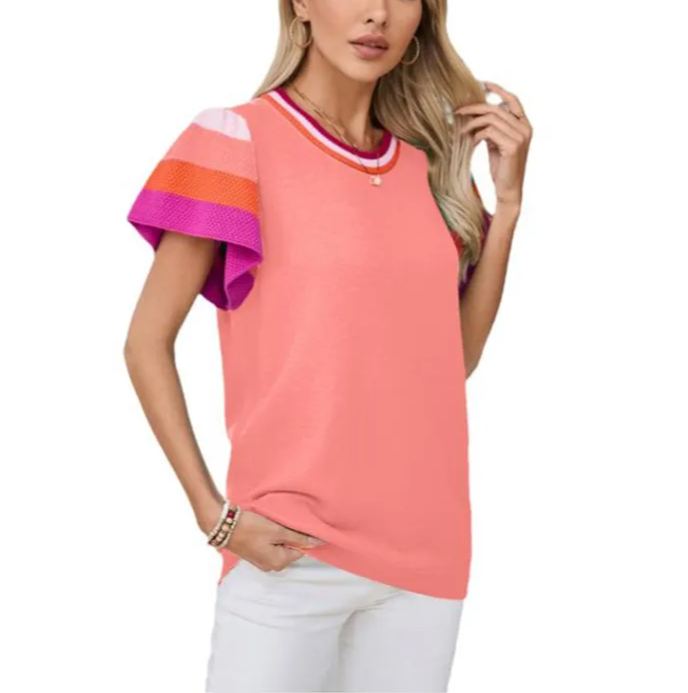 Women's Crew-neck Knitted Top Color Sweet Short-sleeved Sweater