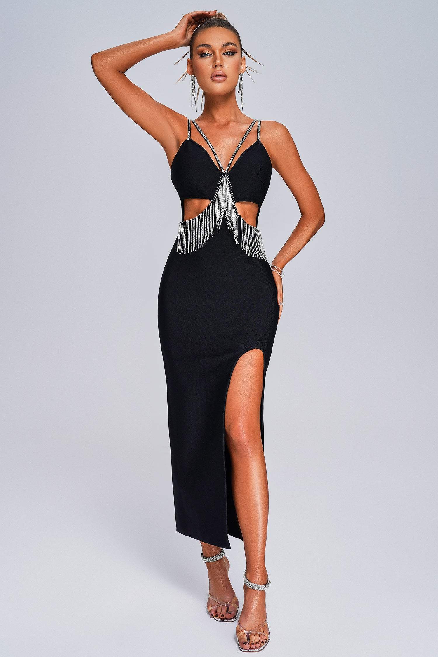 Lape Rhinestone Slit Maxi Bandage Dress
