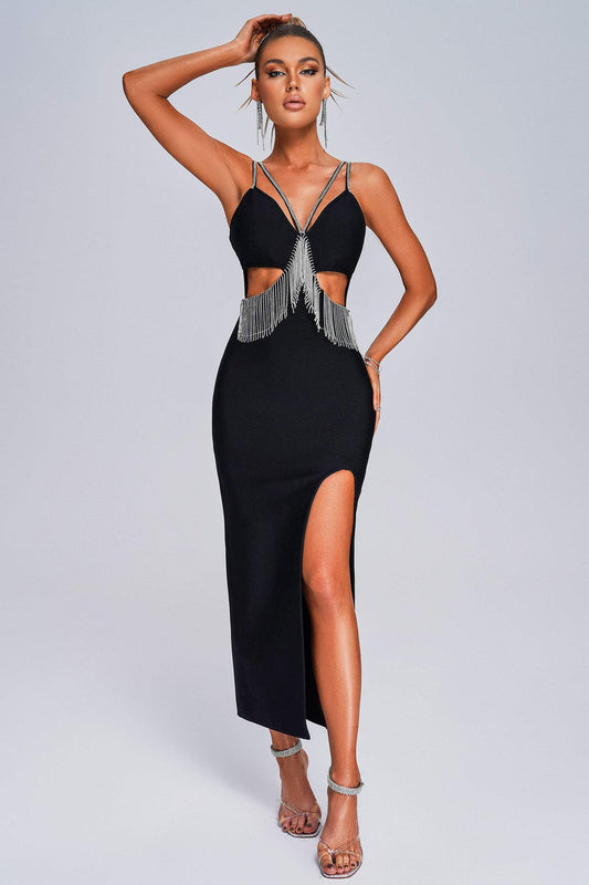 Lape Rhinestone Slit Maxi Bandage Dress