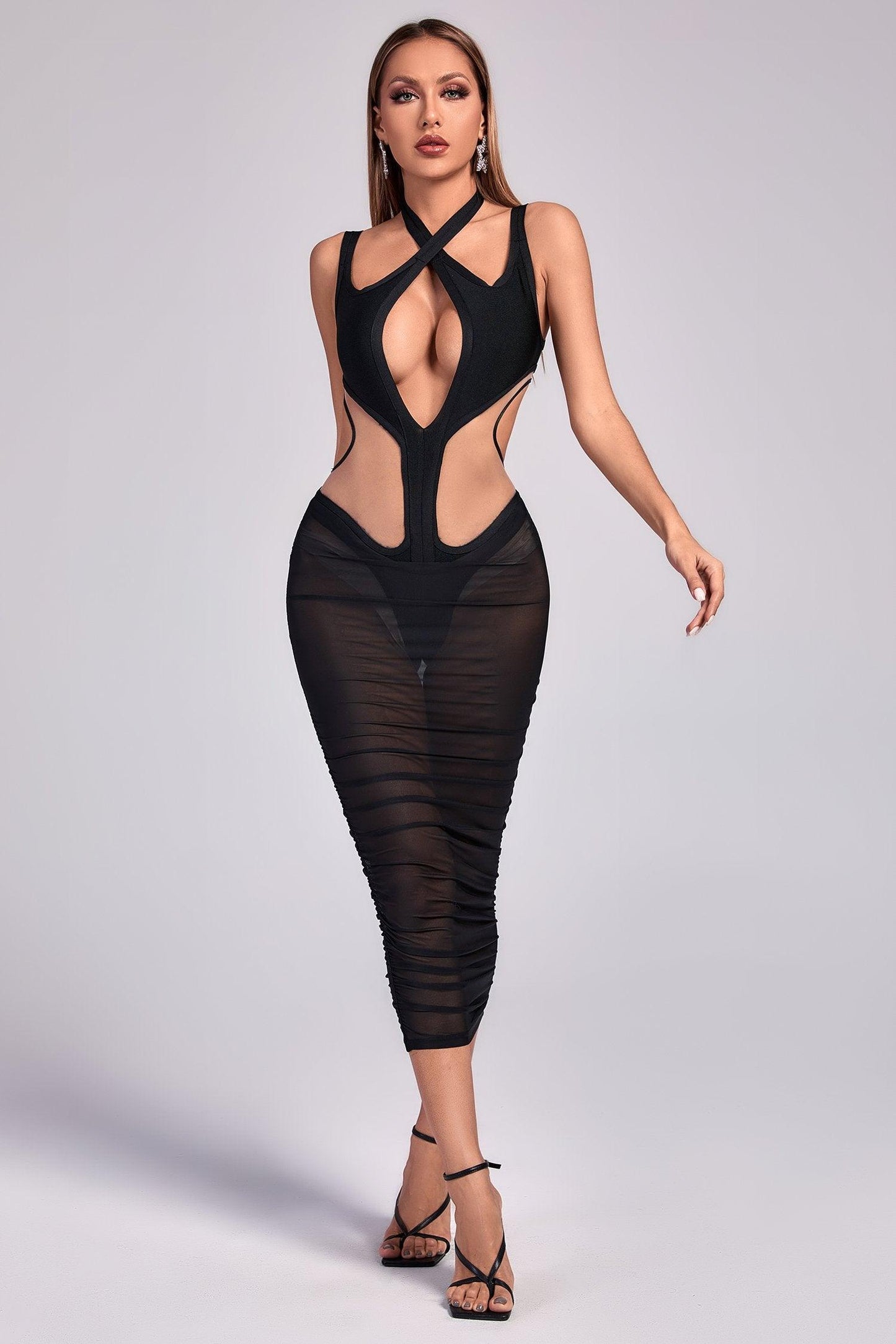 Amalie Cutout Mesh Midi Bandage Dress - Bellabarnett