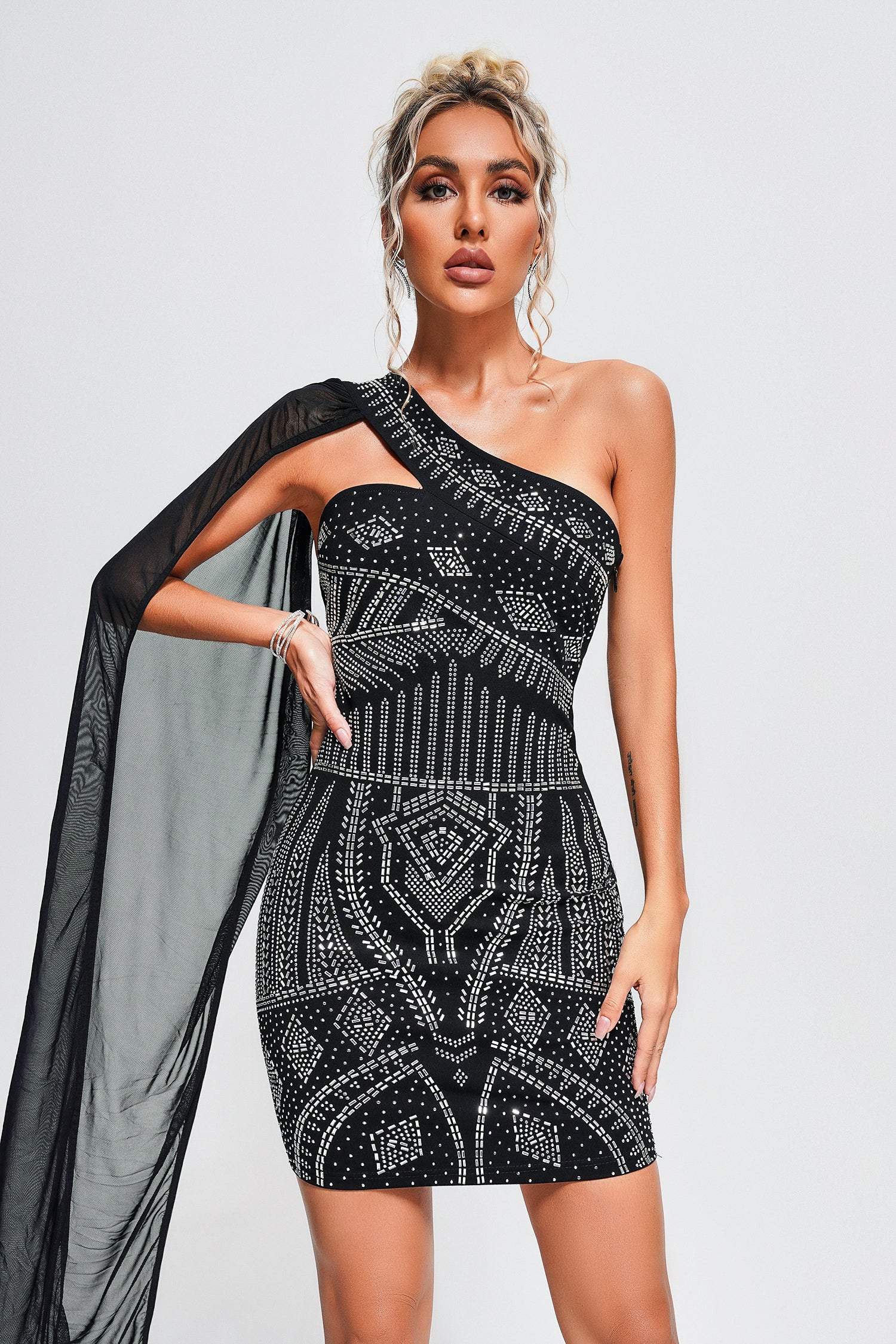 Vafa One Shoulder Crystal Mini Bandage Dress