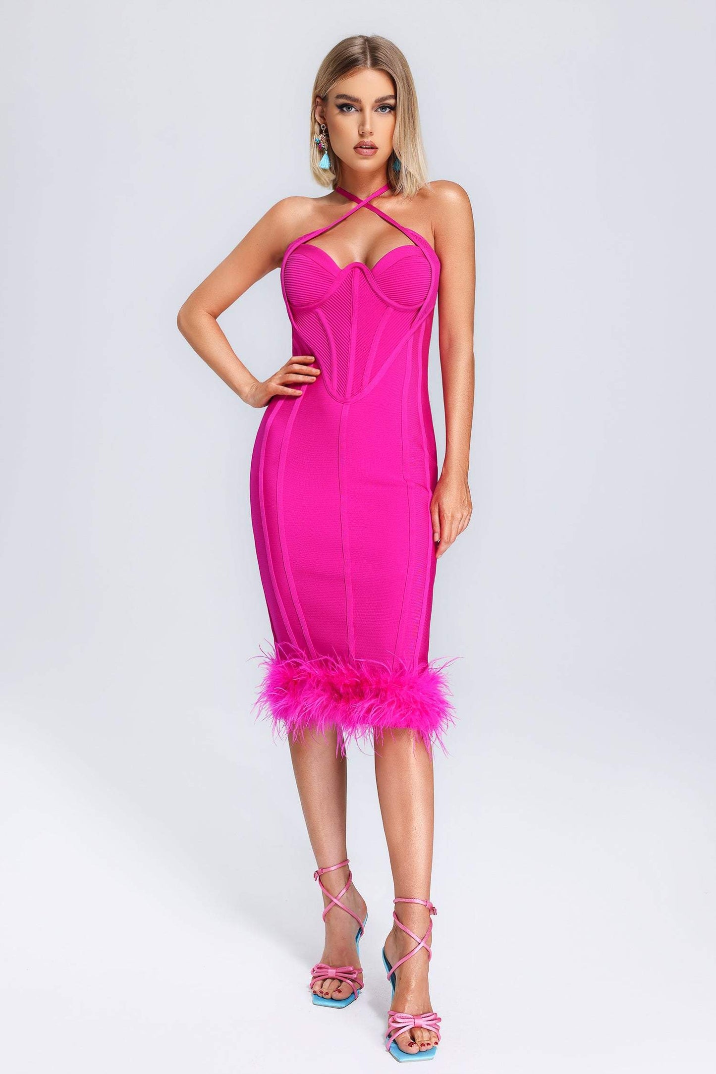 Lilith Crossneck Feather Bandage Midi Dress