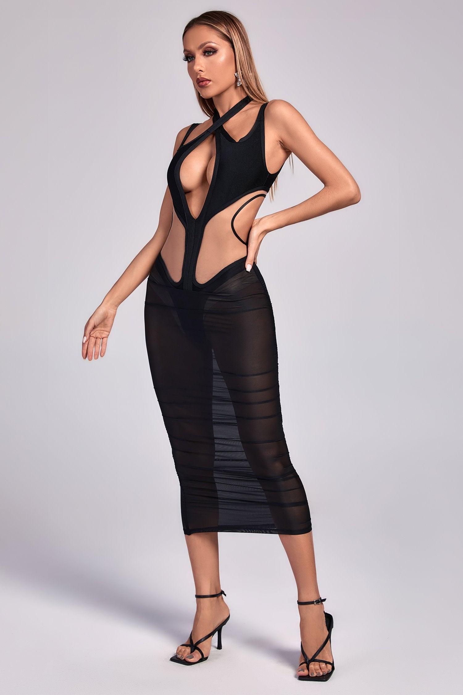 Amalie Cutout Mesh Midi Bandage Dress - Bellabarnett