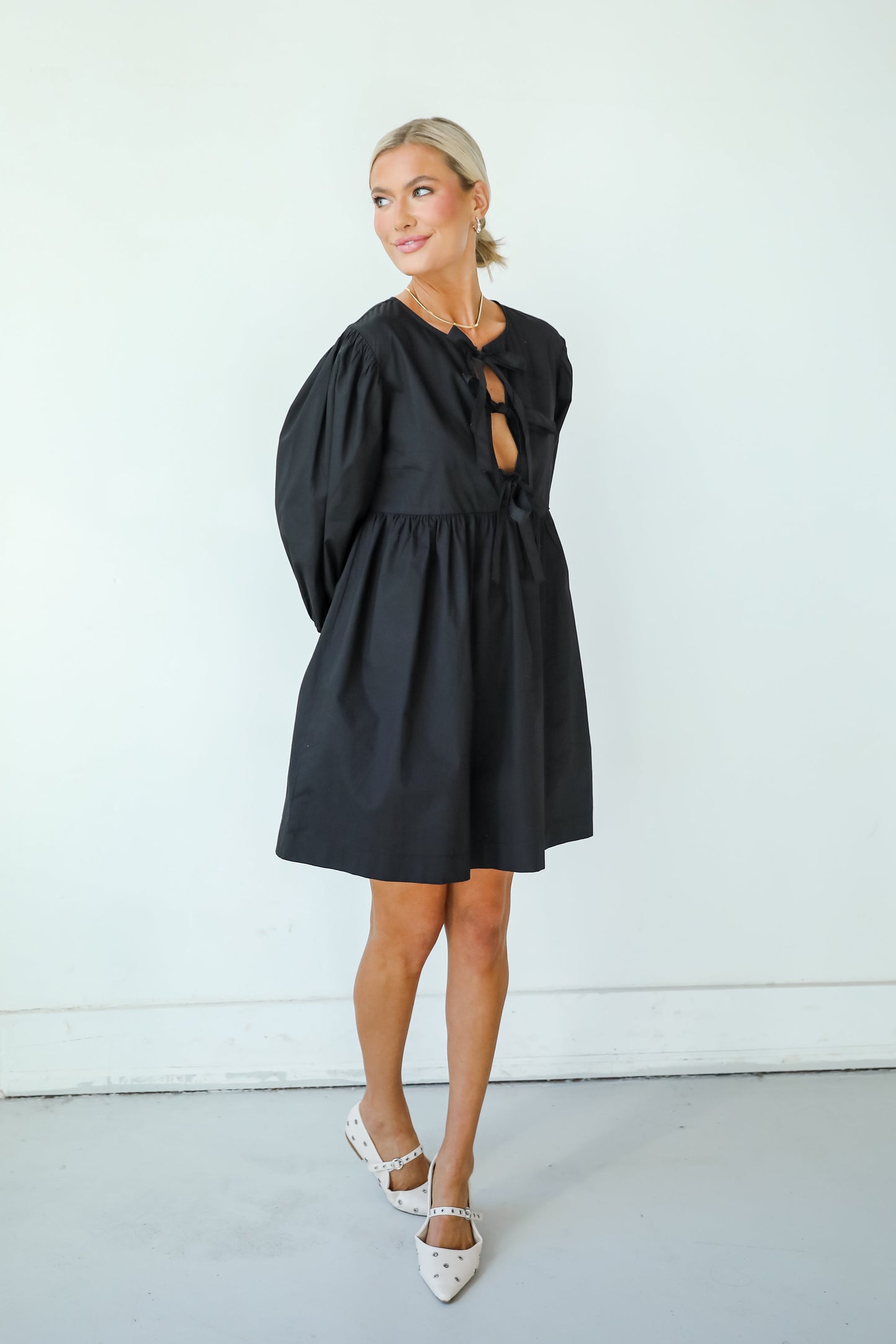 Cute Definition Black Bow Babydoll Mini Dress