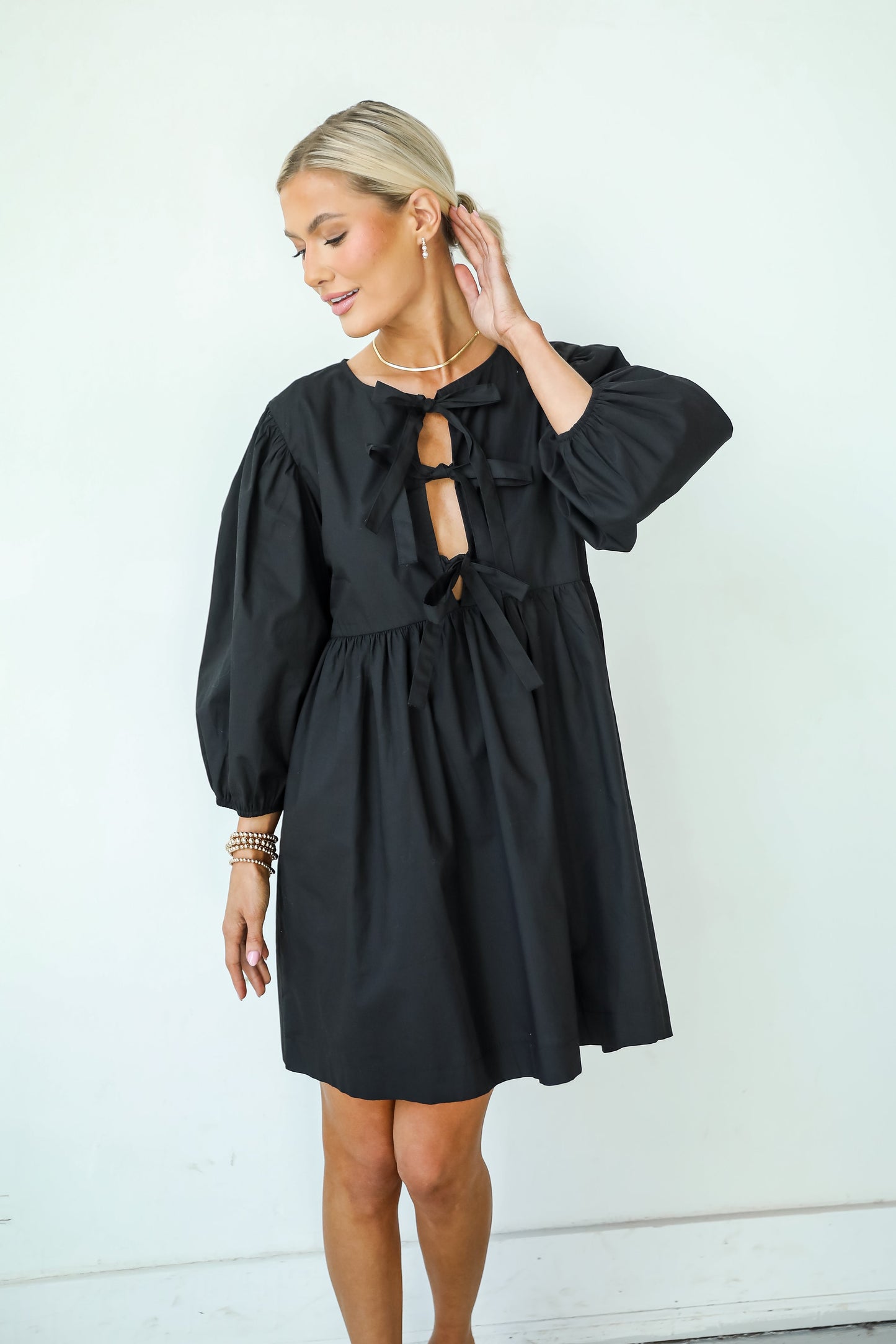 Cute Definition Black Bow Babydoll Mini Dress