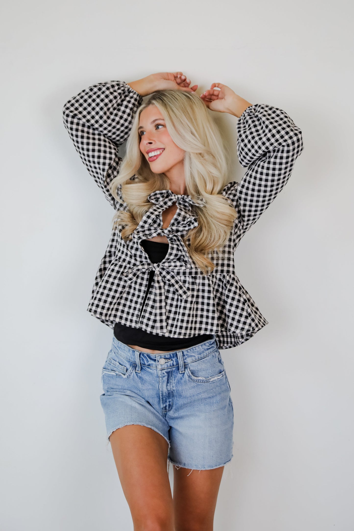 Cutest Intentions Black Gingham Bow Blouse