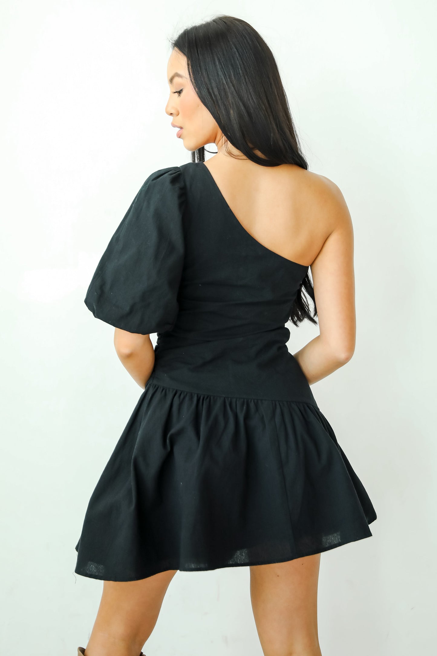 Prettiest Energy Black One-Shoulder Ruched Mini Dress