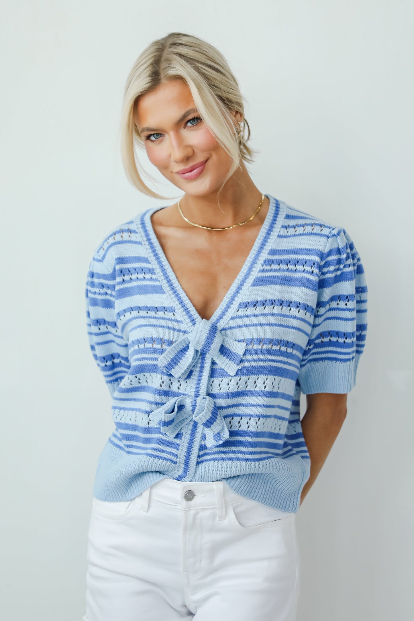Lavish Coziness Light Blue Striped Bow Sweater Top