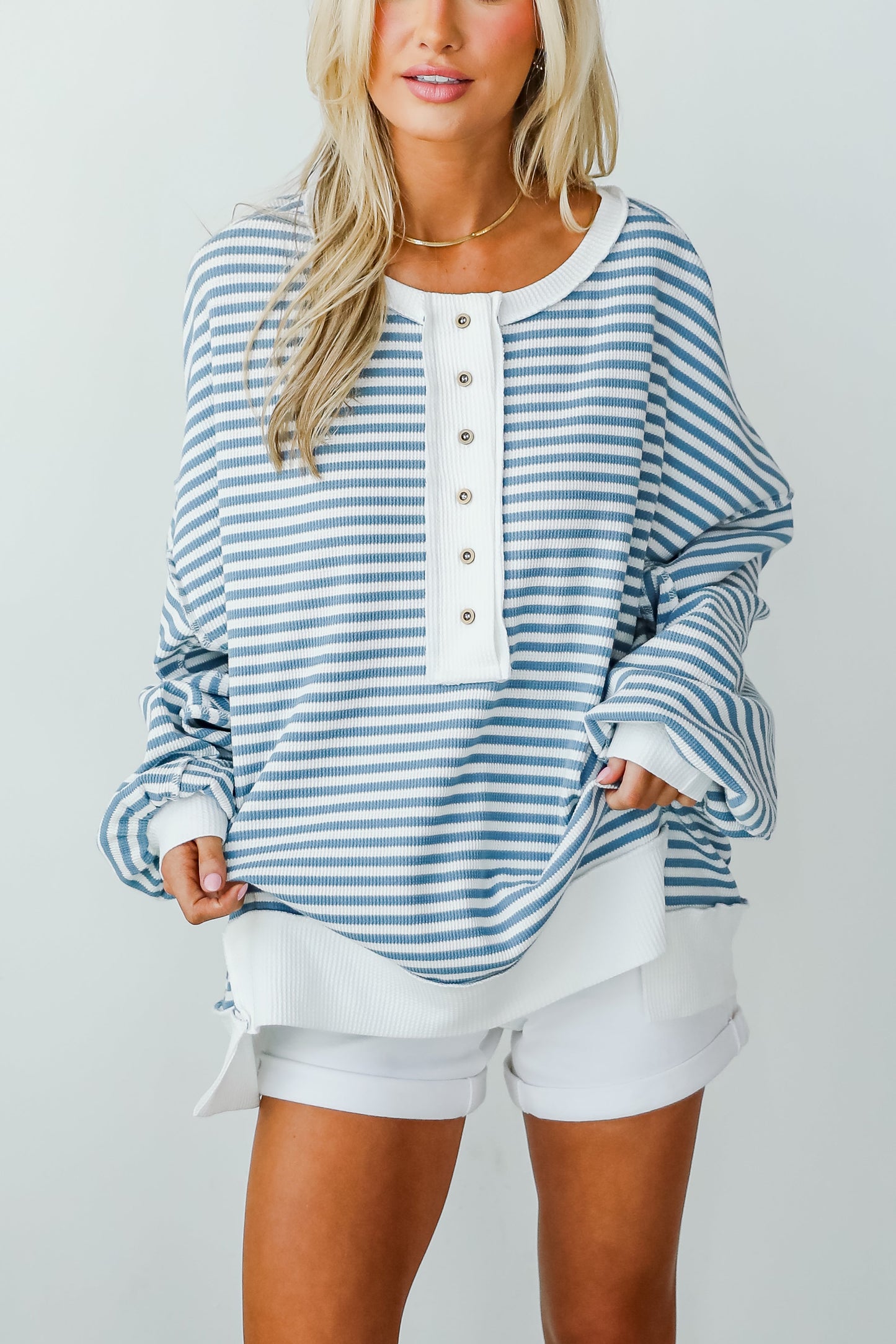 Enviably Cozy Striped Oversized Waffle Knit Top