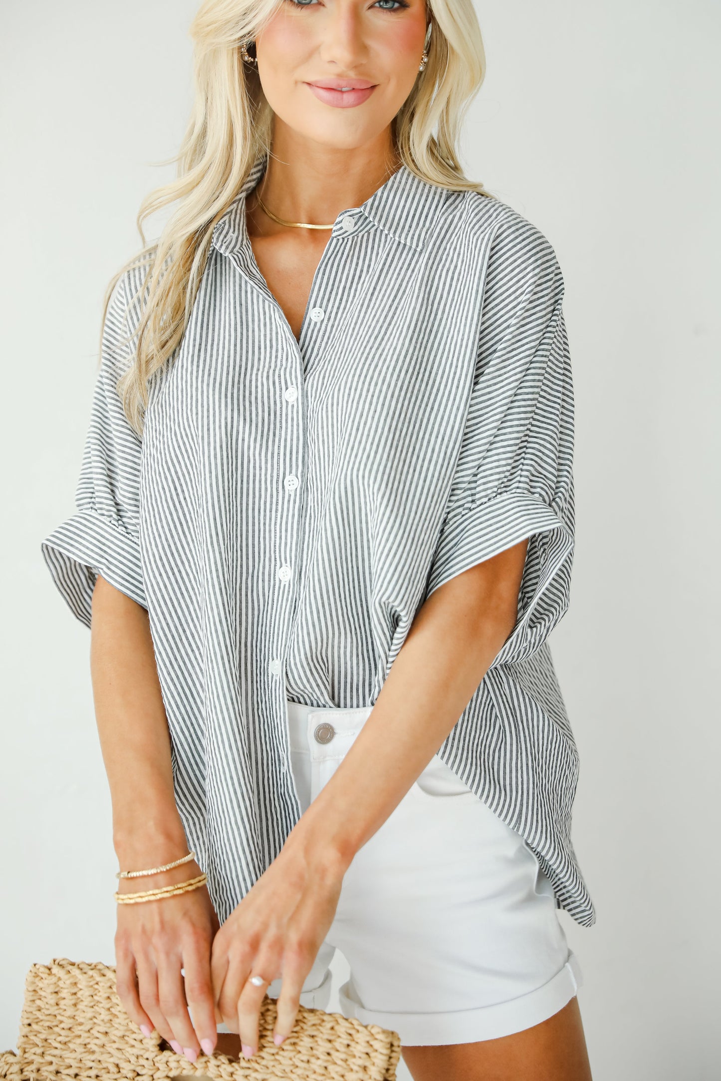 By The Bay Charcoal Striped Seersucker Blouse - DU DEAL