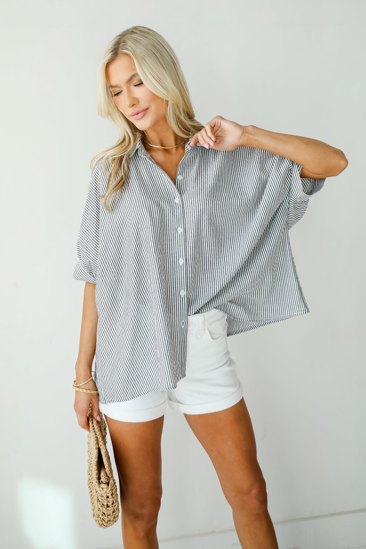 By The Bay Charcoal Striped Seersucker Blouse - DU DEAL