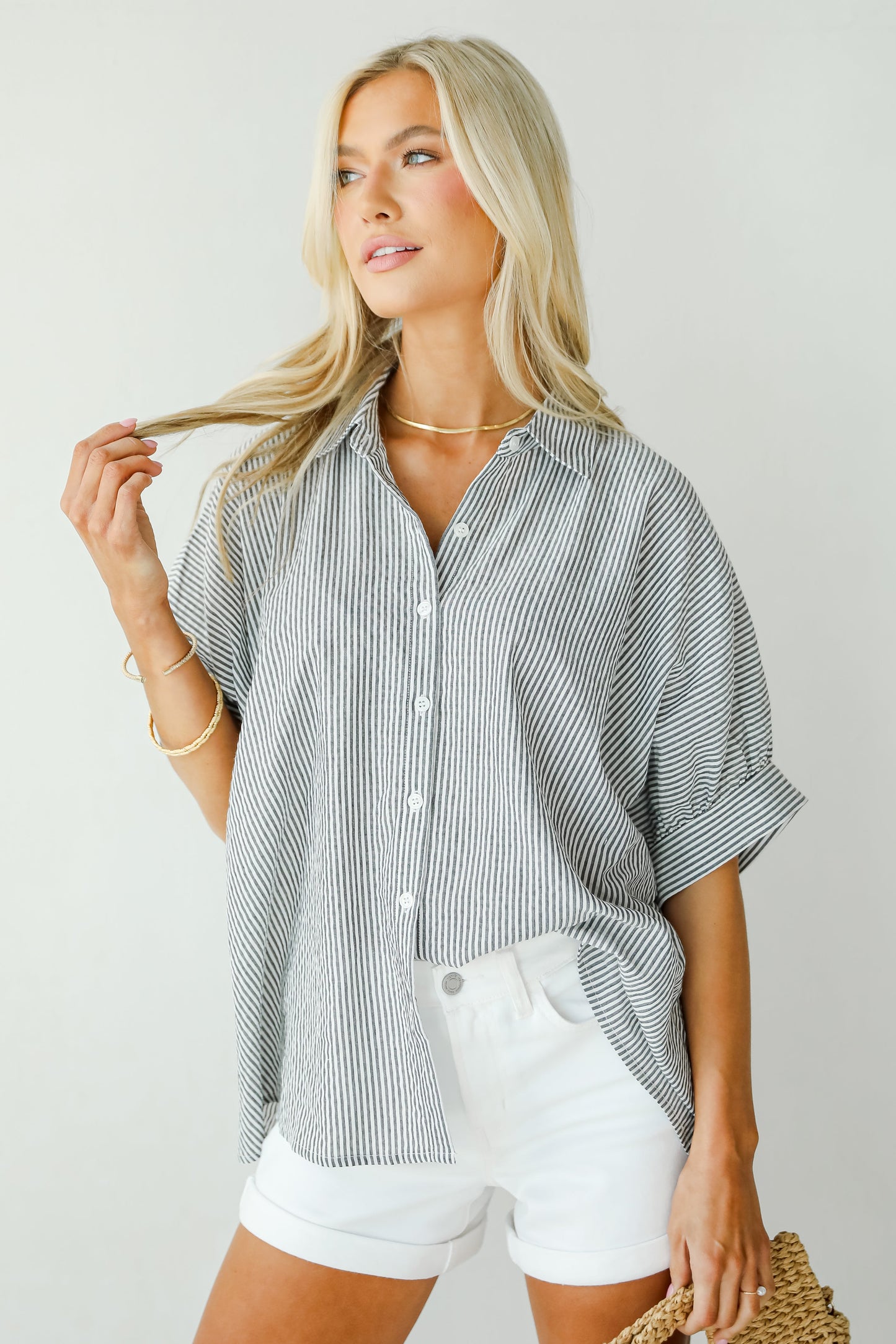 By The Bay Charcoal Striped Seersucker Blouse - DU DEAL