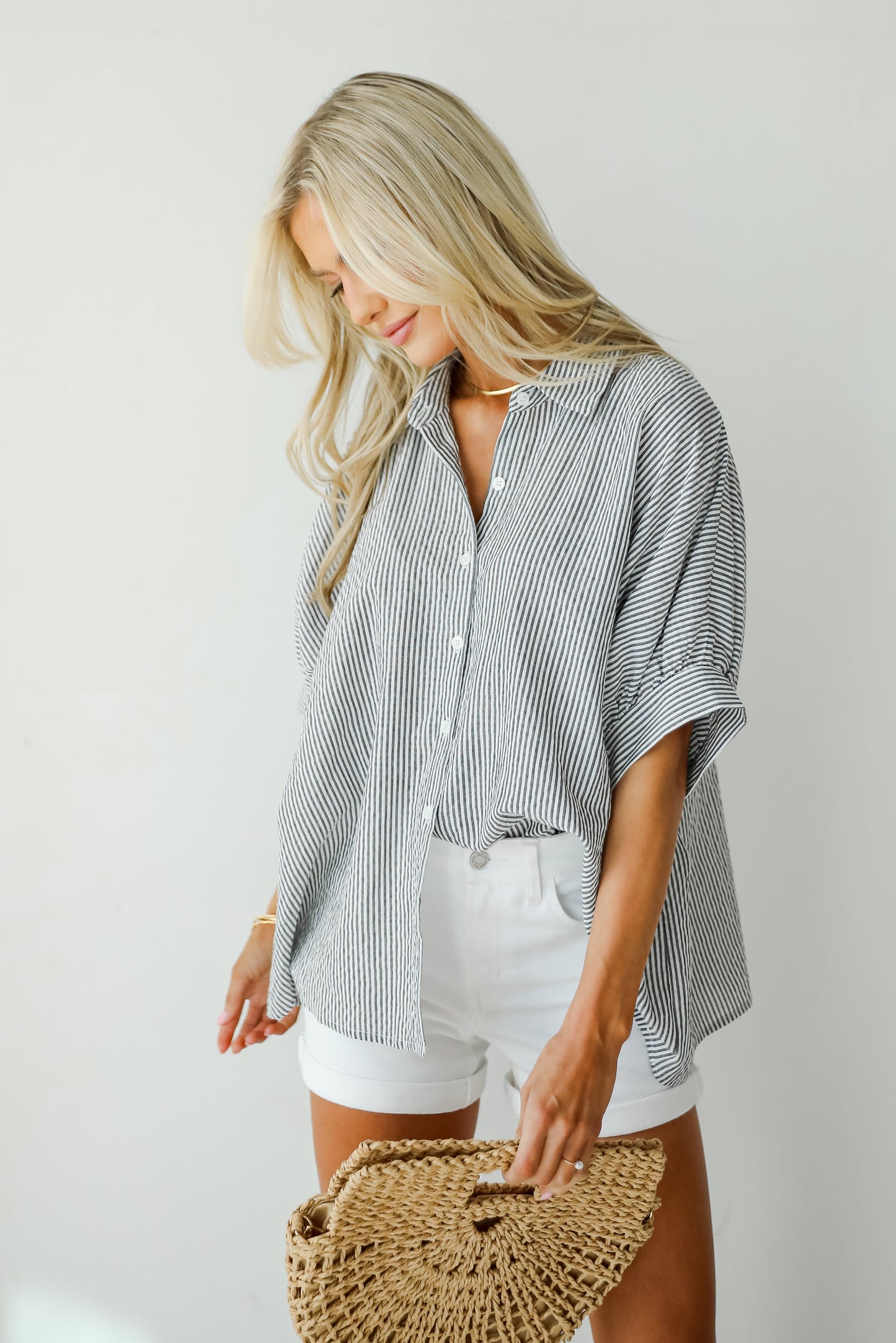By The Bay Charcoal Striped Seersucker Blouse - DU DEAL