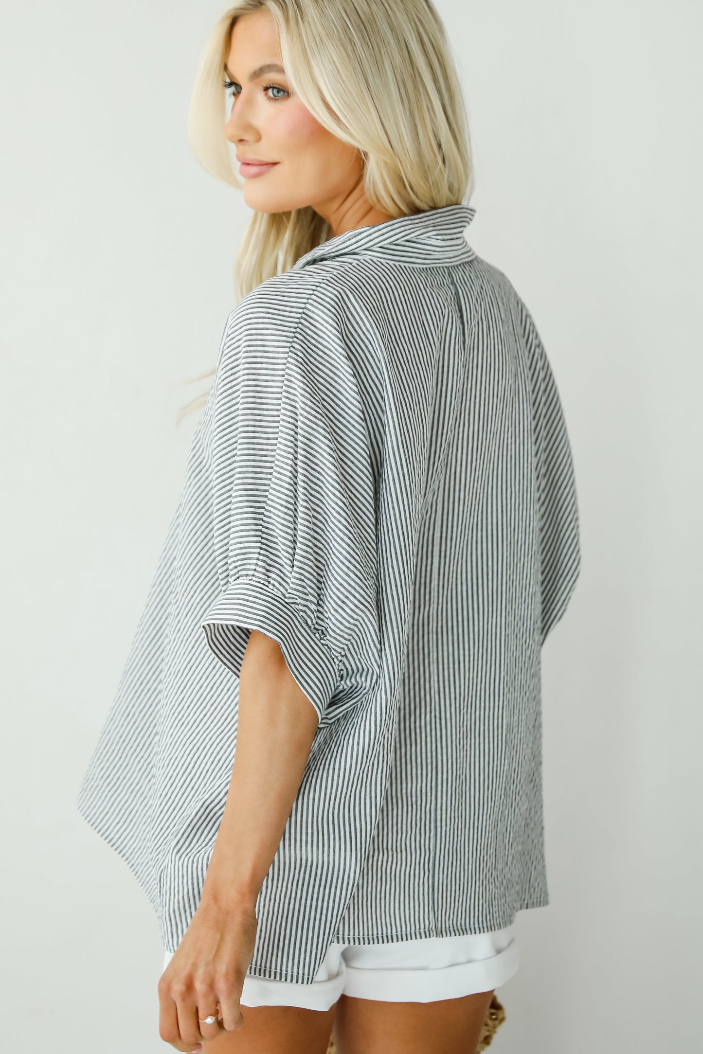 By The Bay Charcoal Striped Seersucker Blouse - DU DEAL