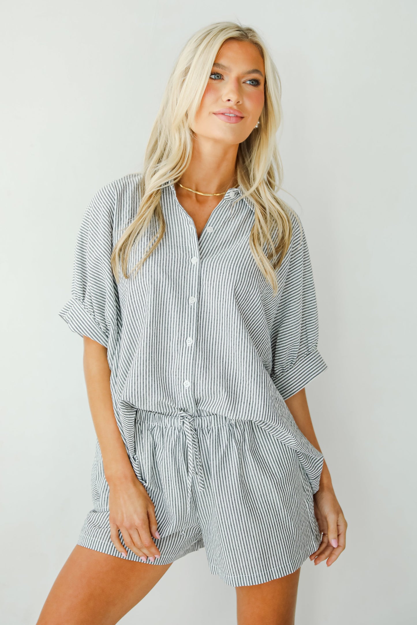 By The Bay Charcoal Striped Seersucker Blouse - DU DEAL