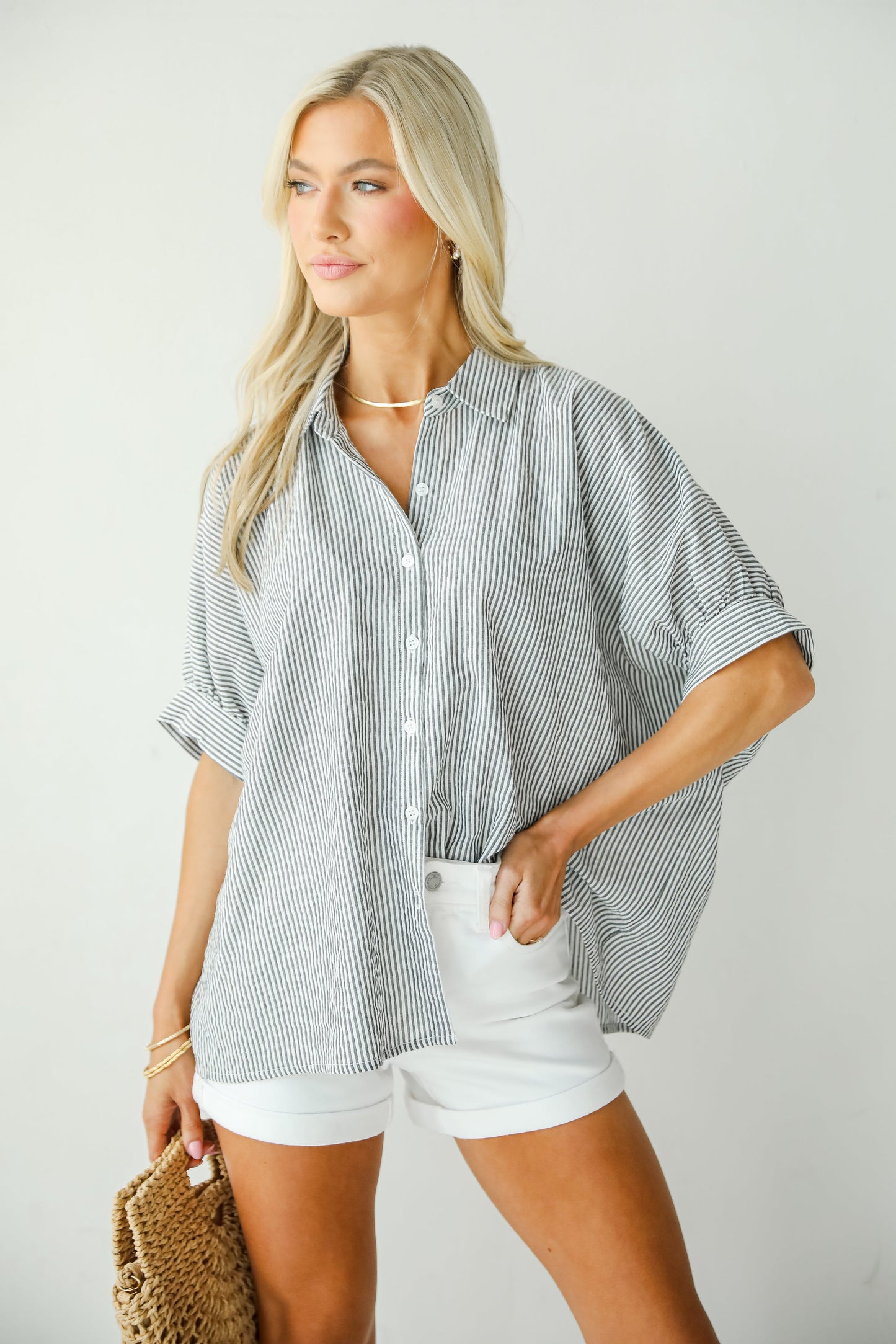 By The Bay Charcoal Striped Seersucker Blouse - DU DEAL
