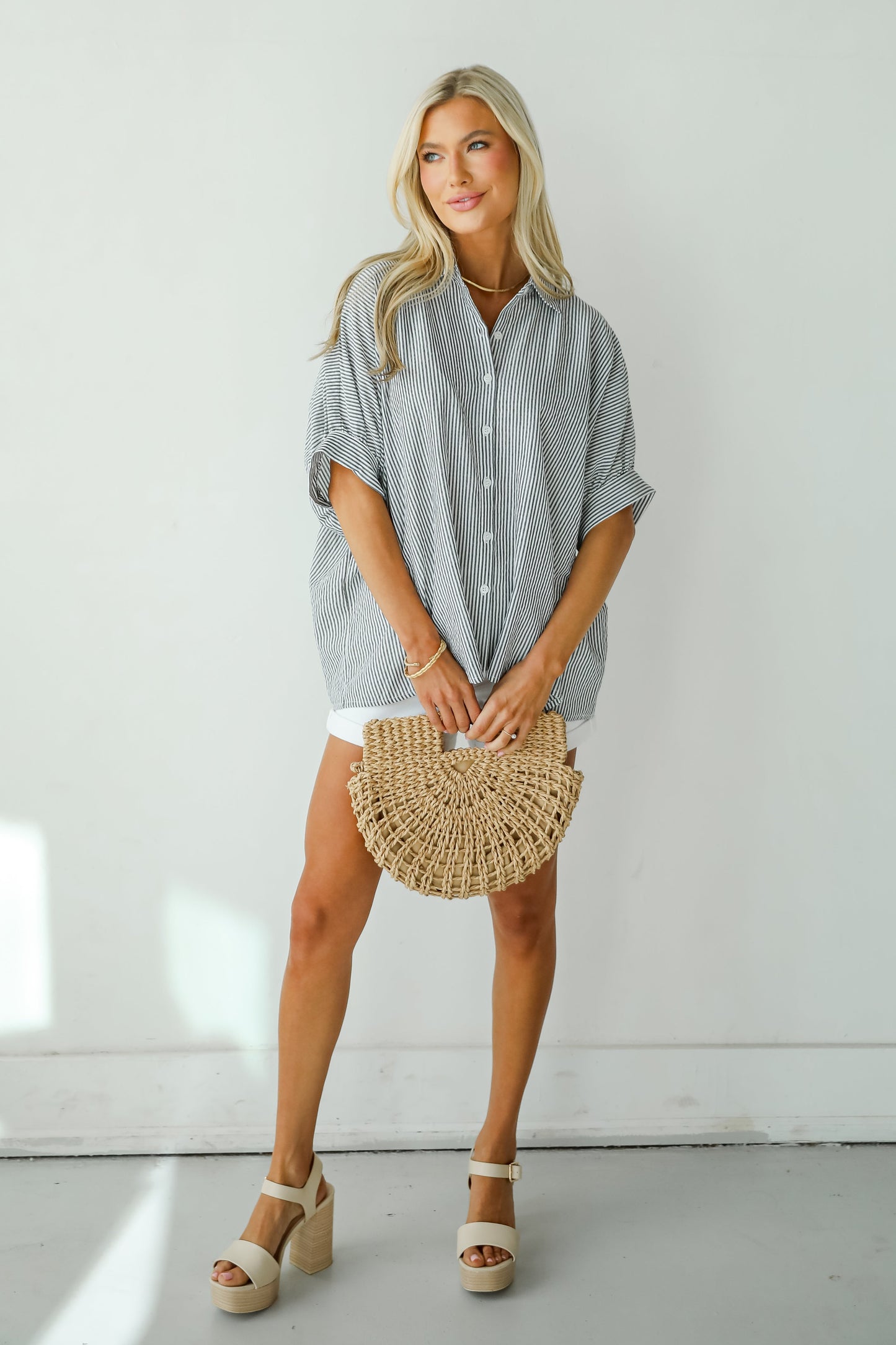 By The Bay Charcoal Striped Seersucker Blouse - DU DEAL